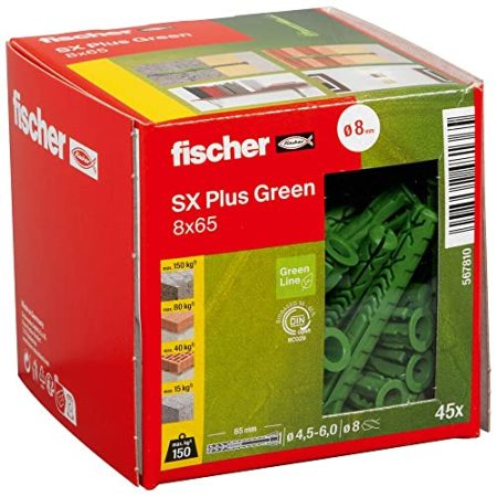 fischer Spreizdübel SX Plus Green 8 x 65, Schachtel mit 45 nachhaltigen Dübeln, Allzweckdübel aus nachwachsenden Rohstoffen, optimaler Halt in Beton, Vollziegel, Porenbeton, Hochlochziegel uvm.