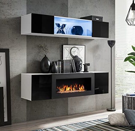 ASM Fly N Wand-Set mit 1 LED-Wandaufbewahrung, 1 TV-Schrank, Weiß und Schwarz, Modell 2