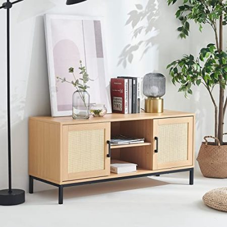 Holz TV Tisch mit Ablage für Wohnzimmer und Schlafzimmer, Rattan TV Schrank, TV Schrank für TV unter 50 Zoll