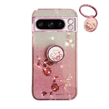 YUECXIN Hülle für Google Pixel 8 Pro mit Glänzende Blumen Ring Ständer, Niedliche Bling Frauen Mädchen Handyhülle, Ultra Dünn Stoßfest Weich TPU Silikon Schutzhülle, Rosa