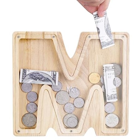 TsunNee Holz Brief Spardose Sparschwein Kreative Brief Münzbank Spardose mit Klare Alphabet Aufkleber, Spardose für Kinder Weihnachten Geburtstagsgeschenk Home DIY Dekoration (Helles Holz M, S)