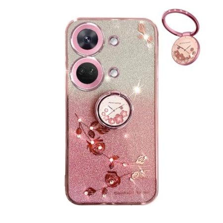 YUECXIN Hülle für OnePlus Nord 3 5G mit Glänzende Blumen Ring Ständer, Niedliche Bling Frauen Mädchen Handyhülle, Ultra Dünn Stoßfest Weich TPU Silikon Schutzhülle, Rosa
