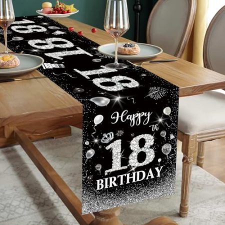 Tischläufer 18 Geburtstag Schwarz Silber Happy 18th Birthday Tischband zum 18. Geburtstag Jungen Männer Frauen Ihn Ihr Jahrestag Feier Party Dinner Tisch Leinen Tischdecke Deko für Zuhause, 180x35 cm