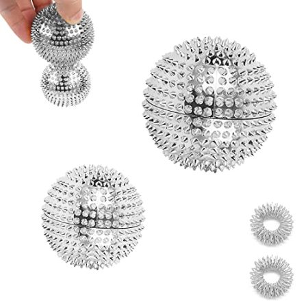 2 Stück Magnetische Massageball Igelball Und 3 Stücke Massageringe, Magnetische Akupressurkugeln, Akupressur Massagegerät Durchmesser Skills Borderline Set für Stress Relief oder Massage (Silber)