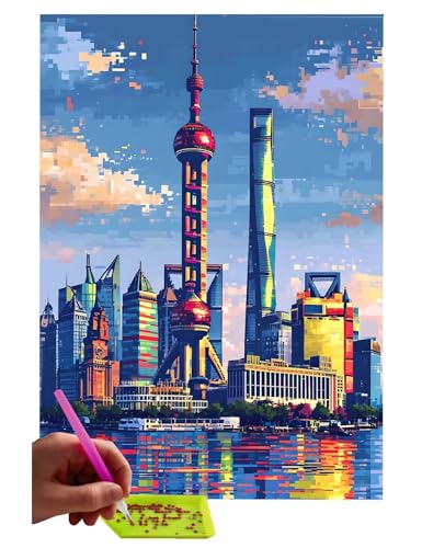 5D Diamond Painting Erwachsene Kinder, Diamant Painting Bilder Oriental Pearl TV Tower, Diamond Painting Zubehor, DIY Full Drill Crystal Art Basteln Erwachsene, Zuhause Wanddekoration 90x120 cm C-105