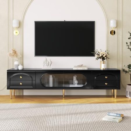 HYSZ Wohnzimmer-TV-Schrank, Glas, TV-Möbel mit strukturierten Schubladen,schwarz,175 * 45 * 35cm