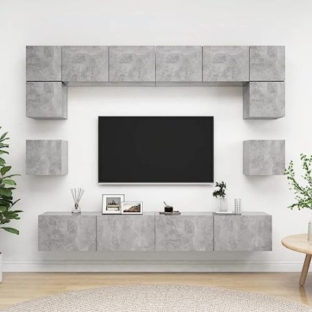 Youuihom TV-Hängeschränke, Moderne TV-Schränke mit Stauraum, 8-TLG. TV-Schrank-Set Betongrau Holzwerkstoff Geeignet für Wohnzimmer, Arbeitszimmer, Schlafzimmer, Flur, Medienraum
