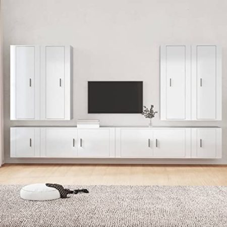 Homgoday 8-TLG. TV-Schrank Hängeschrank TV Schrank TV Lowboard Fernsehtisch Wohnwand Moderner TV Möbel Wandregal Schrankwand für Wohnzimmer Hochglanz-Weiß