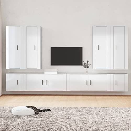 Homgoday 8-TLG. TV-Schrank Hängeschrank TV Schrank TV Lowboard Fernsehtisch Wohnwand Moderner TV Möbel Wandregal Schrankwand für Wohnzimmer Hochglanz-Weiß
