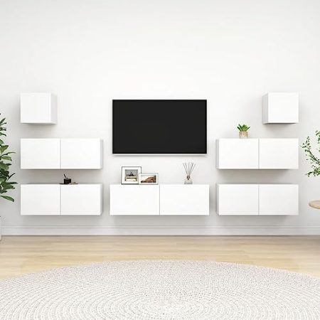 Annlera 7-TLG. TV-Schrank-Set Weiß Holzwerkstoff Schlafzimmer Möbel Tv Lowboard Hängend Wohnwand Modern Tv Schrank Tv Cabinet Wohnwand Holz Tv Lowboard Holz Tv Unterschrank Wohnzimmer Möbel