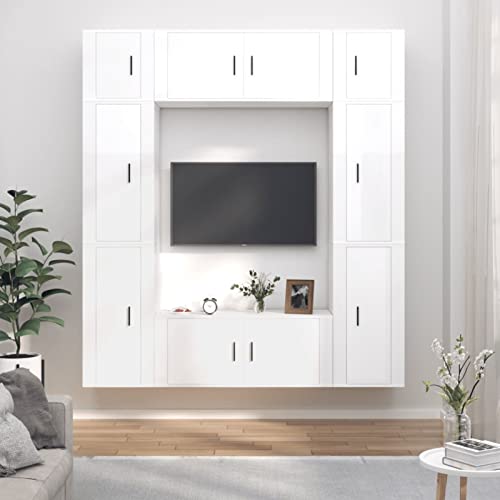 Homgoday 8-TLG. TV-Schrank Hängeschrank TV Schrank TV Lowboard Wohnwand TV Möbel Fernsehtisch Moderner Wandregal Schrankwand für Wohnzimmer Hochglanz-Weiß Holzwerkstoff#C
