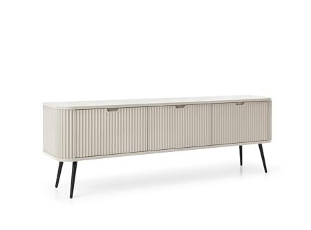 VENASI MÖBEL TV-Schrank 168 x 39 x 56 cm mit geriffelten Fronten, Lowboard 3- türig Fernsehtisch auf schwarzen Metallbeine Goya (Cashmere Beige)