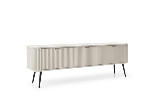 VENASI MÖBEL TV-Schrank 168 x 39 x 56 cm mit geriffelten Fronten, Lowboard 3- türig Fernsehtisch auf schwarzen Metallbeine Goya (Cashmere Beige)