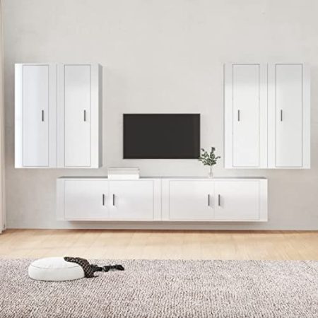 ZEYUAN 6-TLG. TV-Schrank-Set, Wohnzimmer Möbel, Fernsehschrank, Sideboard Wohnzimmer, Tv Kommode, Tv Lowboard, Tv Möbel, Wohnwand, Hochglanz-Weiß Holzwerkstoff