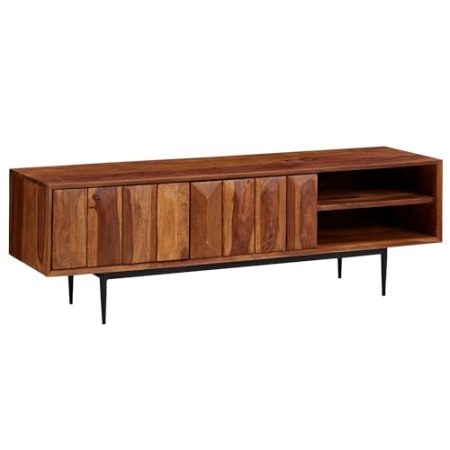 Finebuy Lowboard Sheesham Massivholz 123x42x35 cm TV-Kommode mit Zwei Türen, Design TV-Schrank Hoch, Fernsehtisch Fernsehschrank Modern, Fernsehkommode Wohnzimmer