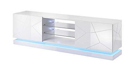 Tv Schrank QIU 200, Lowboard, Unterschrank, Fernsehentisch, Fernsehenschrank mit 2 Türen und LED Beluchtung (Weiß Hochglanz)