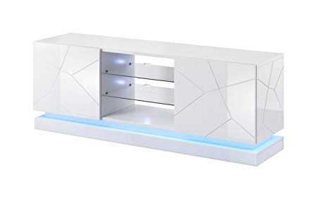 Tv Schrank QIU 160, Lowboard, Unterschrank, Fernsehentisch, Fernsehenschrank mit 2 Türen und LED Beluchtung (Weiß Hochglanz)