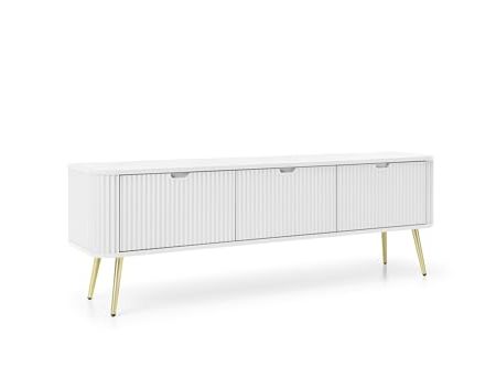VENASI MÖBEL TV-Schrank 168 x 39 x 56 cm mit geriffelten Fronten, Lowboard 3- türig Fernsehtisch auf goldenen Metallbeine Goya (Weiß)