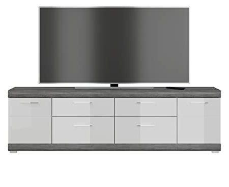xonox.home Wohnen Scout X06B2T30 Lowboard Kommode Schrank TV-Schrank in Front weiß Hochglanz Korpus rauchsilber Nb.,ca.180x53x40 cm