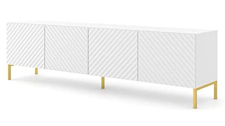 Homlando TV-Schrank SURF 200 cm 4D mit gefräste dekorierte MDF-Fronten auf Metallbeinen Lowboard, TV Tisch, Sideboard, Tischplatte, TV Kommode mit 4 Türen (Weiß Matt)