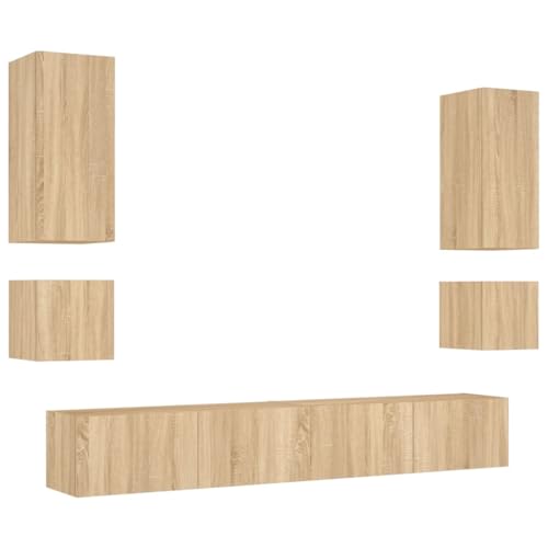 vidaXL TV Wohnwand 6-TLG., Wandschrank mit viel Stauraum, Fernsehschrank Schrank mit LED-Leuchten, Wandmontage TV Einheit Möbel Wohnzimmer Set, Sonoma-Eiche