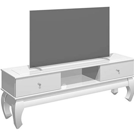 HOMEXPERTS TV-Stand OPIUM / modernes Lowboard in Hochglanz Weiß / Ferhseh-Regal / Metall Griffe Edelstahl-Chrom-Optik / Wohnzimmer-Schrank / TV-Bank / 159 x 54 x 40 cm (BxHxT)