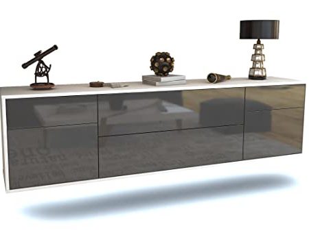 TV Schrank Lowboard hängend - Erlangen - Korpus Weiss matt - Front Hochglanz Design Grau- (180x49x35cm) - Push to Open Technik & hochwertigen Leichtlaufschienen - Made in Germany