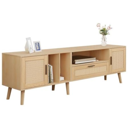 Geräumiger 180 cm TV-Schrank mit Rattan-Dekoration, Massivholzbeinen, 2 Türen und Schublade für 80-Zoll-TV-TV-Aufbewahrungsschrank mit reichlich Platz