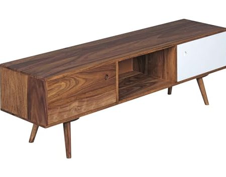 tinkaro TV Lowboard rechteckig TELSE Massiv-Holz Sheesham TV-Schrank Braun/Weiß