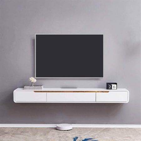 An der Wand montierte Medienkonsole, schwebender TV-Ständer, TV-Regal, Spielekonsole, Router, DVD-Regale, Entertainment-Center-Regal mit 2 Schubladen, moderner TV-Schrank, Medienregalschrank