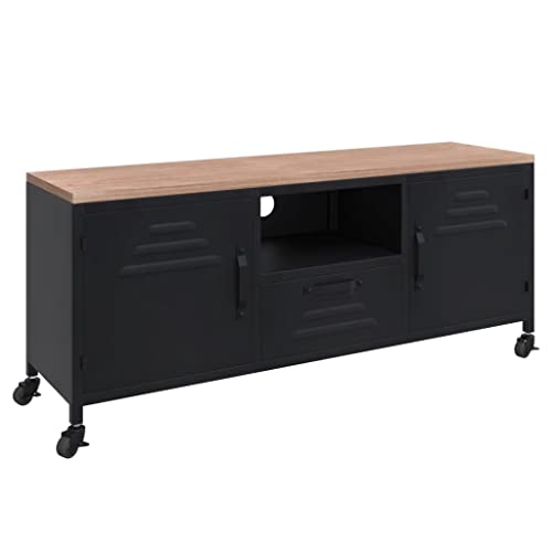 HEFZGDB TV-Schrank Schwarz 110x30x43 cm Eisen und Massivholz Tanne Tv Stand Cabinet Wohnzimmertisch Wohnzimmer Möbel Tv Sideboard Wohnzimmer für Gästezimmer Wohnbereich Schlafzimmer Erholungsraum
