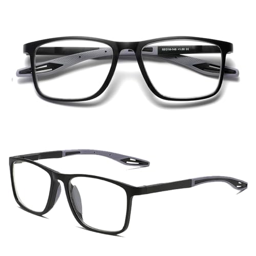 Hubeye TR90 Sport Lesebrille für Damen und Herren Gute Quadratische bequeme flexible Anti-blaue Computerbrille Hochwertig Komfortabel Lesehilfe 1.75