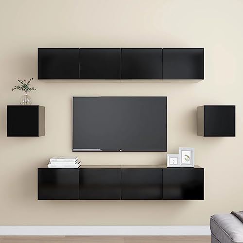 Youuihom TV-Wandschrank, Hanging TV Stand, HiFi-Schränke, 6-TLG. TV-Schrank-Set Schwarz Holzwerkstoff Geeignet für Schlafsäle, Wohnungen, Villen, Schlafzimmer, Wohnzimmer, Stuben