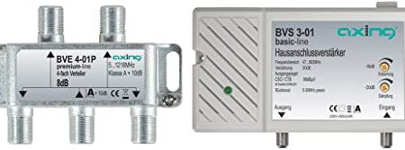Axing BVS 3-01 Hausanschlussverstärker mit Rückkanal 5-30 MHz (30 dB, 47-862 MHz, 98 dBµV) & BVE 4-01P 4-Fach Verteiler Kabelfernsehen CATV Multimedia DVB-T2 Klasse A+, 10dB, 5-1218 MHz Metall