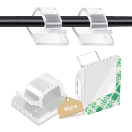 60 Stück Kabelhalter,Outdoor Kabelclips mit Klebebändern Licht Clips,Kabelhalter mit Starken Selbstklebend Pads,Schreibtisch Organizer für Ladekabel, Lichterkette und Dekoartikel, Weiß