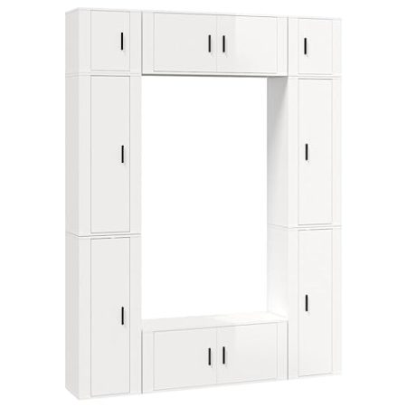 vidaXL TV Schrank Set 8 TLG., TV Wandschrank mit viel Stauraum, Lowboard für Wohnzimmer Fernseher, Fernsehschrank TV Möbel Hängeschrank, Hochglanz Weiß Holzwerkstoff