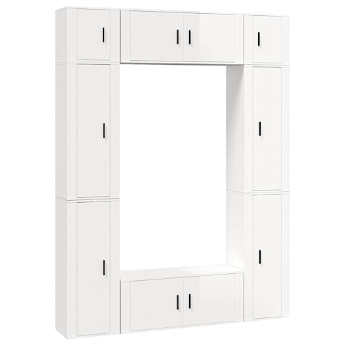 vidaXL TV Schrank Set 8 TLG., TV Wandschrank mit viel Stauraum, Lowboard für Wohnzimmer Fernseher, Fernsehschrank TV Möbel Hängeschrank, Hochglanz Weiß Holzwerkstoff