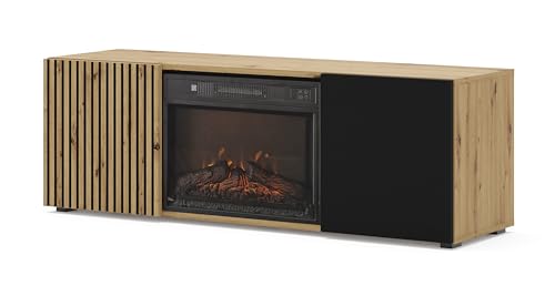 Homlando Lowboard TV-Ständer AURIS 150 cm mit elektrischem Kamin -Schrank - Moderner TV-Ständer mit Stauraum für Wohnzimmer - Kommode Sideboard - TV & Medienmöbel - Artisan Eiche/Schwarz Matt