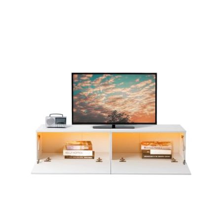 Ginhow TV Schrank Weiss mit LED Beleuchtung, TV Lowboard Weiß Für Wohnzimmer — 140x 33x 33cm, Platzsparend — TV Board mit 2 Türen, Fernsehtisch, TV Lowboard Hängend