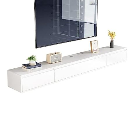 YUZDNM Schwimmender Tv Schrank - Tv Lowboard Hängend, Medienkonsole, Unterhaltungszentrum, Fernseher-Regal, Massivholz-TV-Lowboard Zum Aufhängen, WLAN-Router, DVD-Aufbewahrungsregale (Color : Blanco)