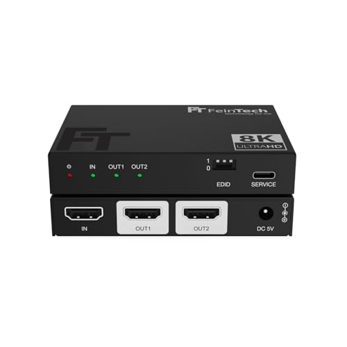 FeinTech SP210 HDMI 2.1 Splitter 1 In 2 Out 4K 120Hz 8K VRR ALLM, HDMI Verteiler mit Downscaler für 2 Monitore gleichzeitig, HDMI CEC-Pass, HDCP 2.3, HDR, Dolby Vision