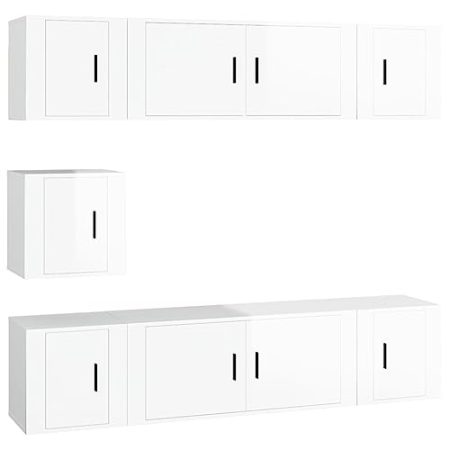 Hovothy TV-Wandschrank TV-Möbel 7-TLG. TV-Ständer Fernsehschrank Klassische TV-Einheit Medienschrank Wandmontage Fernsehtisch Innenmöbel Modernen Design Robuste Tischplatte Hochglanz-Weiß