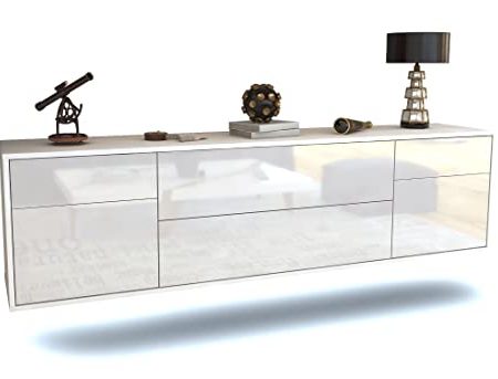 TV Schrank Lowboard hängend - Erlangen - Korpus Weiss matt - Front Hochglanz Design Weiß- (180x49x35cm) - Push to Open Technik & hochwertigen Leichtlaufschienen - Made in Germany