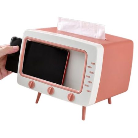 Wpsagek Retro TV Tissue Box Phone Holder, Retro Tissue Holder Mobile Phone Stand, TV Shaped Tissue Dispenser Box Phone Holder for Bathroom/Living Room/Bedroom Dresser/Night Stand/Desk/Table