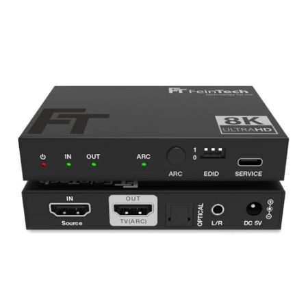 FeinTech AX210 HDMI 2.1 Audio Extractor 4K 120Hz 8K VRR ALLM, HDMI auf HDMI + Audio (Optisch Toslink 5.1 + AUX Stereo), CEC-Pass und ARC Unterstützung von TV zu Soundsystem