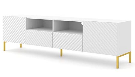 Homlando TV-Schrank SURF 200 cm 2D2S mit gefräste dekorierte MDF-Fronten auf Metallbeinen Lowboard, Sideboard, TV Kommode mit 2 Türen, 2 Schubladen und 2 Regalen (Weiß Matt)