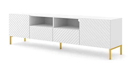 Homlando TV-Schrank SURF 200 cm 2D2S mit gefräste dekorierte MDF-Fronten auf Metallbeinen Lowboard, Sideboard, TV Kommode mit 2 Türen, 2 Schubladen und 2 Regalen (Weiß Matt)
