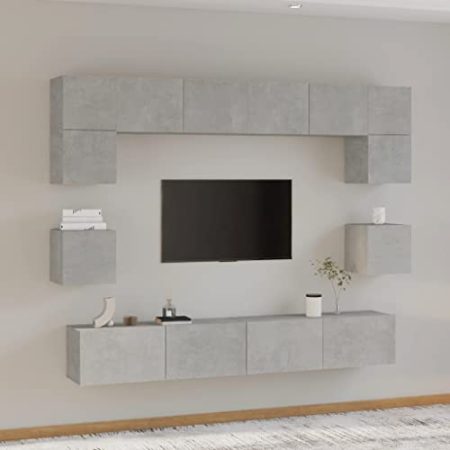 HETFTJN 8-TLG TV-Schrank-Set, Tv Lowboard Wohnzimmertisch Beistelltisch Tv Wandschrank Geeignet für Fernseher Wohnzimmer Kleine Räume Den Flur Betongrau Holzwerkstoff