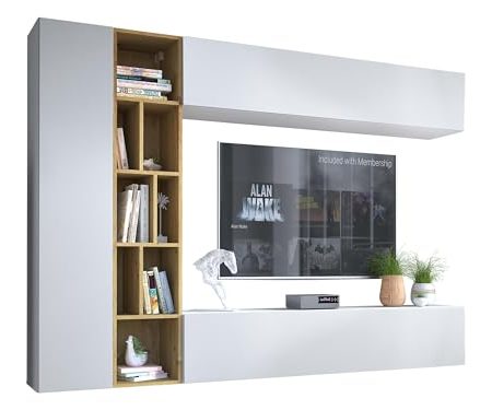 Wohnwand Kodita, Anbauwand, Fernsehschrank, Schrankwand, Mediawand, Wandregal, Schrank, TV-Lowboard (Weiß/Eiche Artisan)