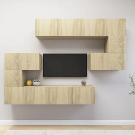 Annlera 8-TLG. TV-Schrank-Set Sonoma-Eiche Holzwerkstoff Wohnwand Holz Tv Board Holz Tv Schrank Holz Tv Sideboard Lowboard Hängend Sideboard Hängend Wohnwand Hängend Tv Möbel Tv Cabinet Tv Board